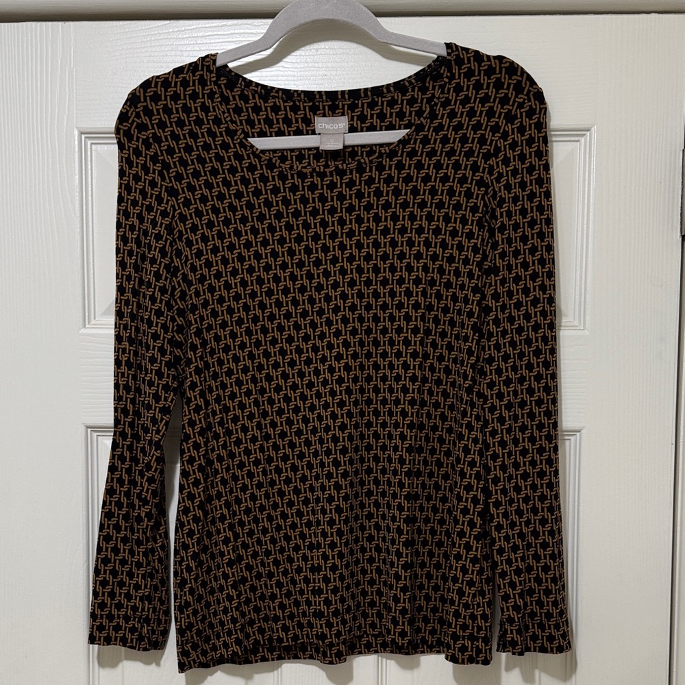 Chico's Black and Tan Geometric Long Sleeve Top Chico size 0 (US size 8)
